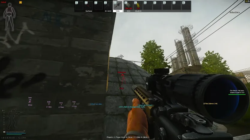 Industrial raid with ESP scav distances, extract and loot labels, and a player count bar.