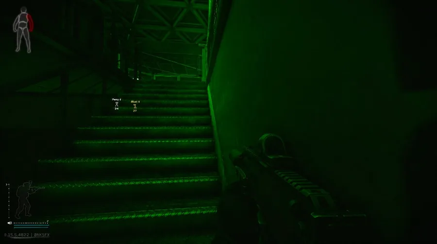 Green night-vision view with ESP player name and distance tags on metal stairs.