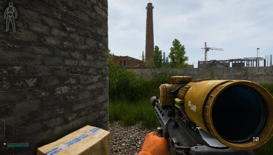 Scoped rifle peek over a brick wall at industrial chimneys; standard raid HUD, no overlay in frame.