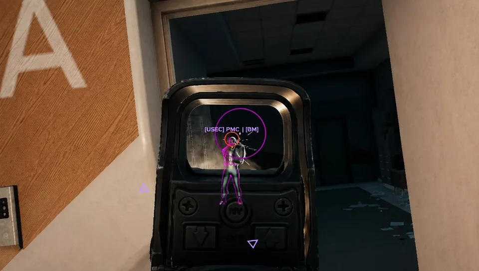 Holo sight view with purple player ESP outline, USEC PMC tag, and aim FOV circle in a dark hallway.